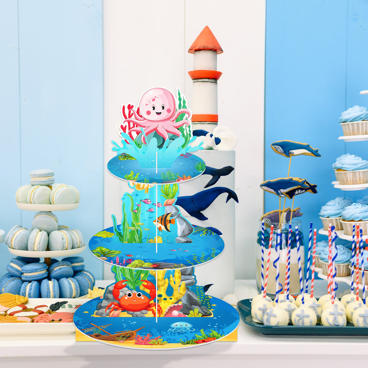 3 Tier Cupcake Stand, Ocean Cupcake Holder for Party Decorations Under the Sea Cup Cake Stand for Dessert Table Display, Cardboard Cupcake Stand for Shark Mermaid Baby Shower Birthday Decor