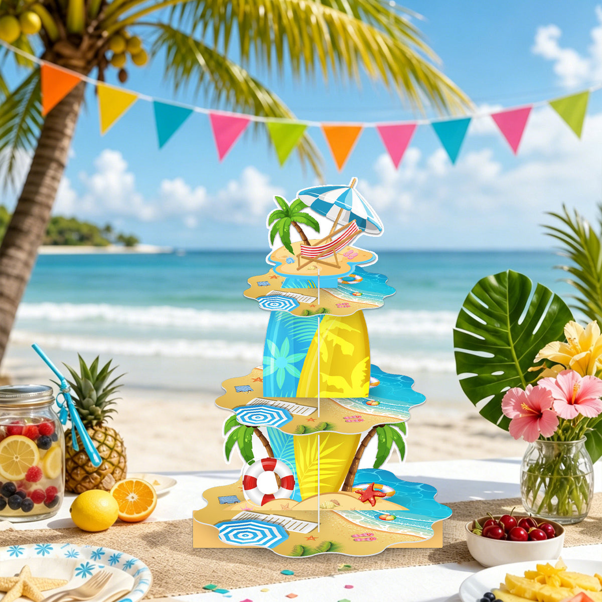 3 Tier Summer Beach Cupcake Stand, Hawaiian Cupcake Holder Stand Large Cardboard Cupcake Stand for Dessert Table Displays, Pool Cup cake Stand for Birthday Baby Shower Beach Tropical Decor