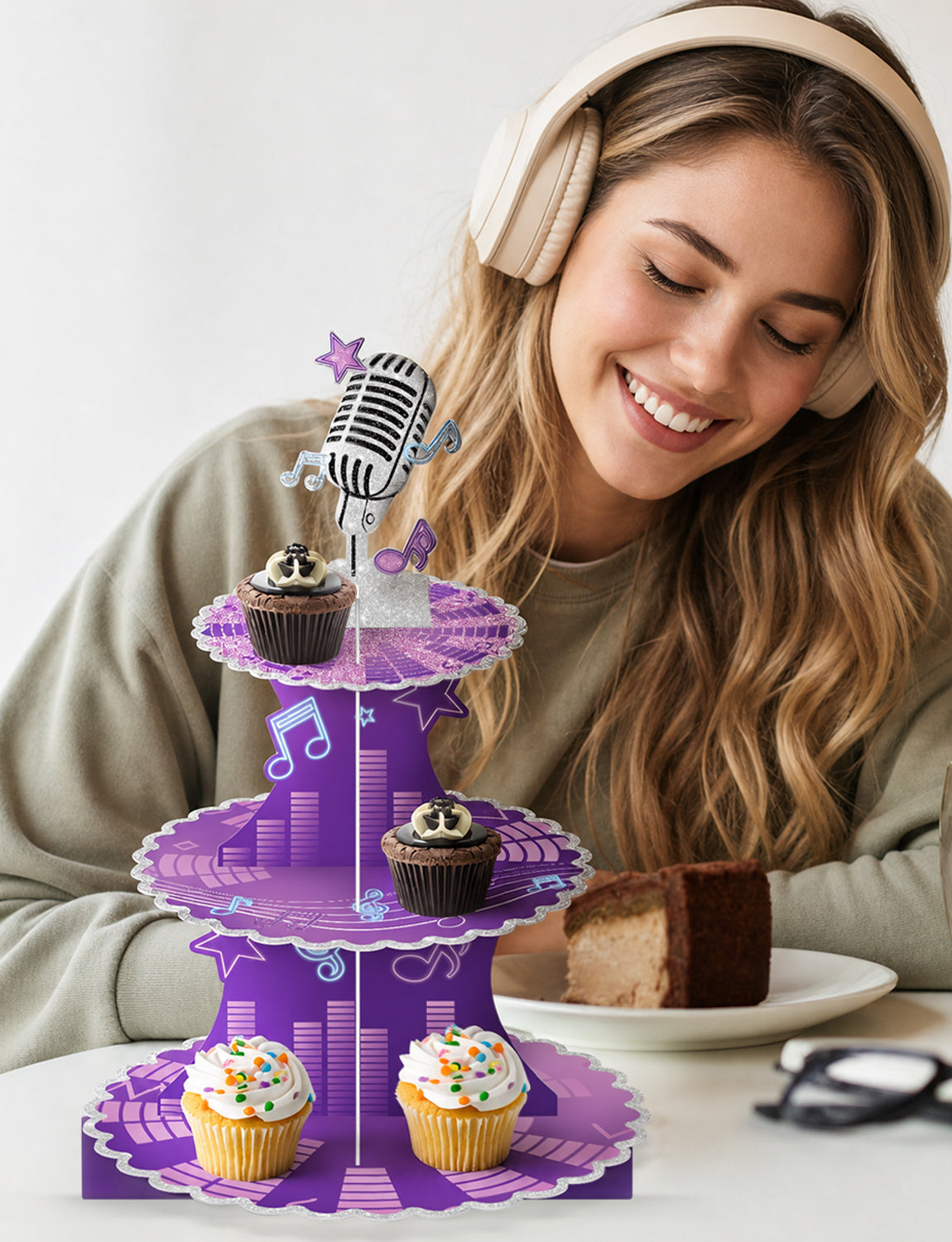 3 Tier Cupcake Stand, Purple Music CupCake Holder for Birthday Large Cardboard CupCake Stand, Music Cup Cake Tower Stand for Dessert Table Displays, Music Birthday Party Decorations