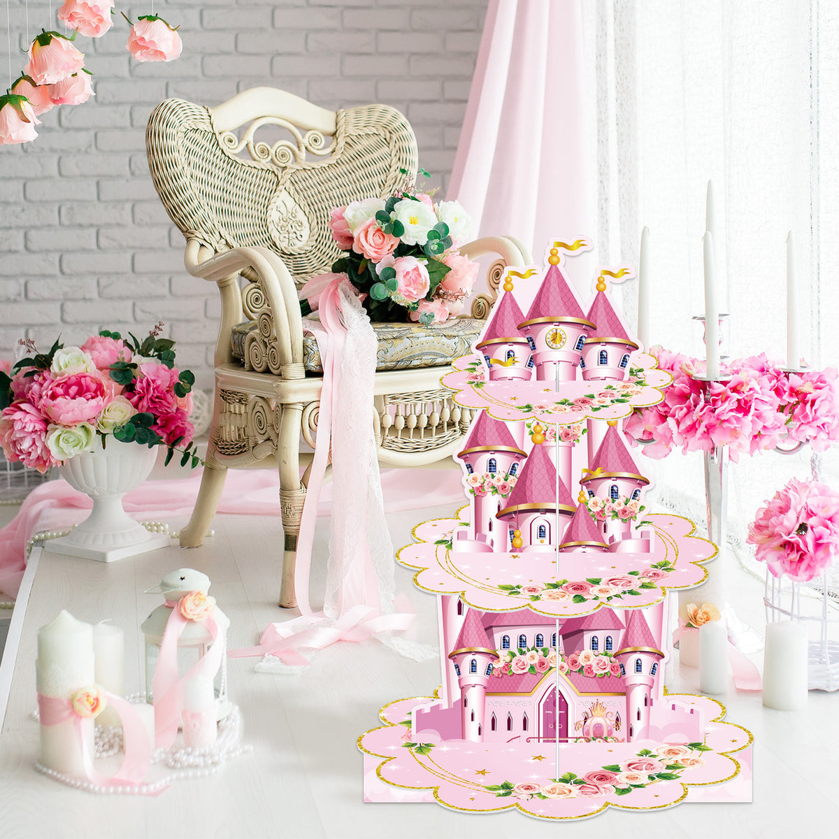 3 Tier Princess Cupcake Stand, Pink Cupcake Holder for Birthday Princess Castle Cake Stand for Dessert Table Display, Cardboard Cupcake Stand for Baby Shower Fairy Princess Party Decoration