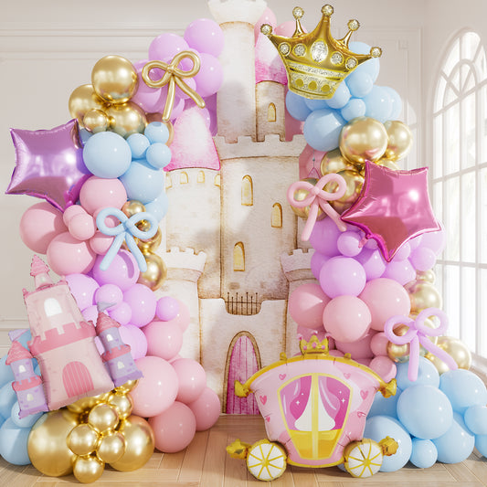 Princess Balloon Garland Arch Kit, 149 Pcs Pink and Purple Balloons with Castle, Carriage, Crown and Star Foil Balloons, Fairytale Princess Party Decorations for Girls Birthday Party Baby Shower