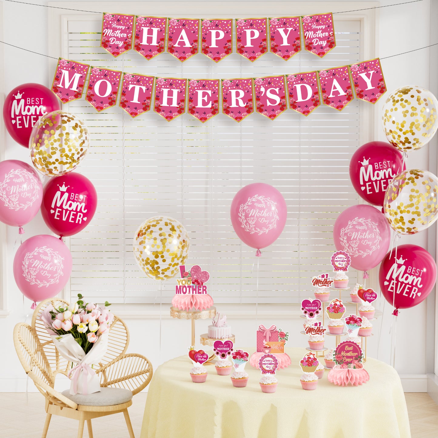 Mothers Day Decorations Set, Pink Happy Mothers Day Banner with Mom Printed Balloons, Cupcake Toppers and Honeycomb Centerpieces, All-in-1 Best Mom Party Supplies for Mother's Day Celebration