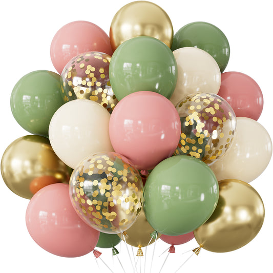 Pink and Green Balloons, 50pcs 12in Boho, Latex Party Decor | Sage Green Blush Pink Gold Confetti Baby in Bloom Balloons for Baby Shower Decoration, Girls Birthday, Bridal Shower, Wedding