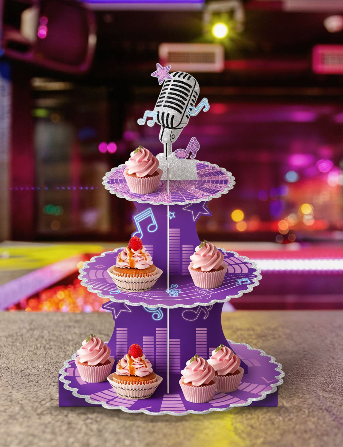 3 Tier Cupcake Stand, Purple Music CupCake Holder for Birthday Large Cardboard CupCake Stand, Music Cup Cake Tower Stand for Dessert Table Displays, Music Birthday Party Decorations
