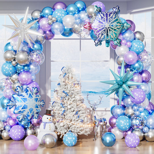 Snowflake Balloon Garland Arch Kit, 144 Pcs Purple Blue Silver White Balloons With Foil Snowflake Star Balloons, for Winter Wonderland, Princess Birthday, Baby Shower, Christmas Decor