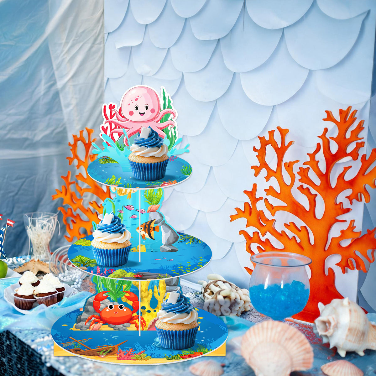 3 Tier Cupcake Stand, Ocean Cupcake Holder for Party Decorations Under the Sea Cup Cake Stand for Dessert Table Display, Cardboard Cupcake Stand for Shark Mermaid Baby Shower Birthday Decor