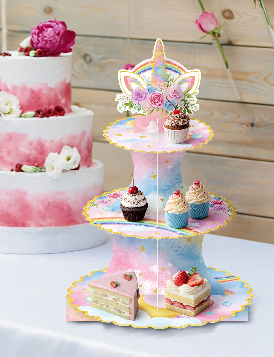 3 Tier Rainbow Cupcake Stand, Pastel CupCake Holder for Birthday Pink Blue Cardboard Cupcake Stand for Dessert Table Display, Rainbow Cup cake Stand for Birthday, Baby Shower, Wedding Decor