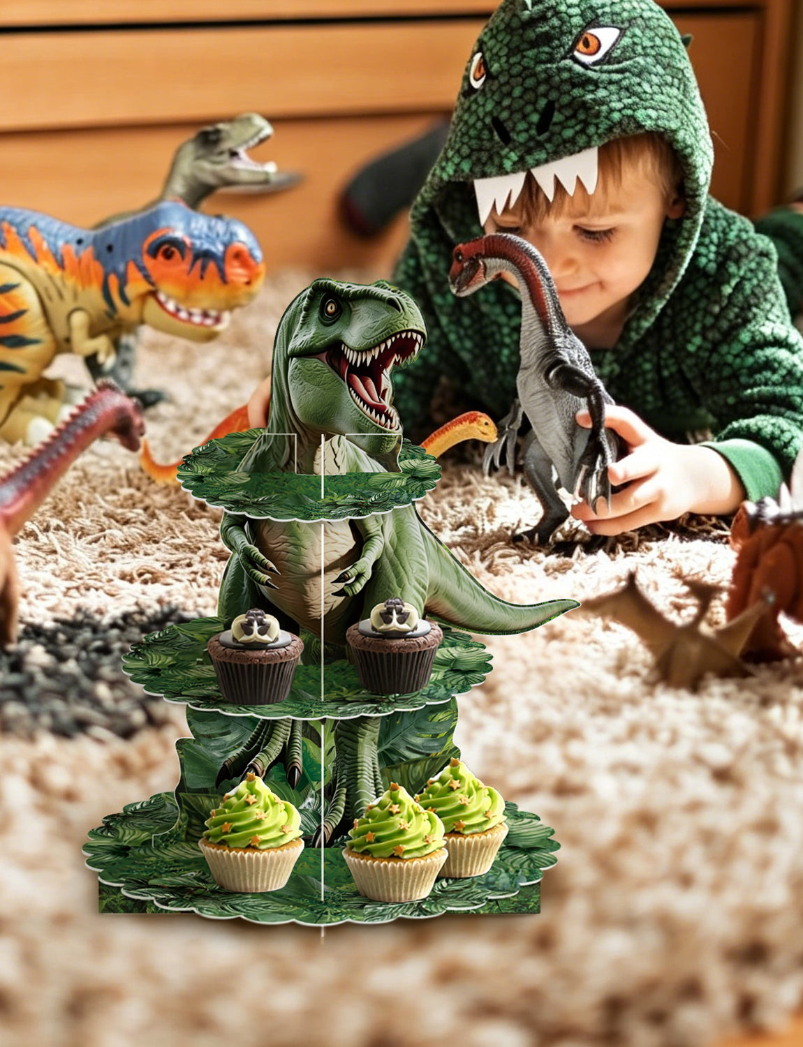 Dinosaur Cupcake Stand, 3 Tier Cake Stand for Dino Birthday Decor Dinosaur Cupcake Holder, Large Cardboard Cupcake Stand for Dessert Table Display, Dino Safari Jungle Theme Party Supplies