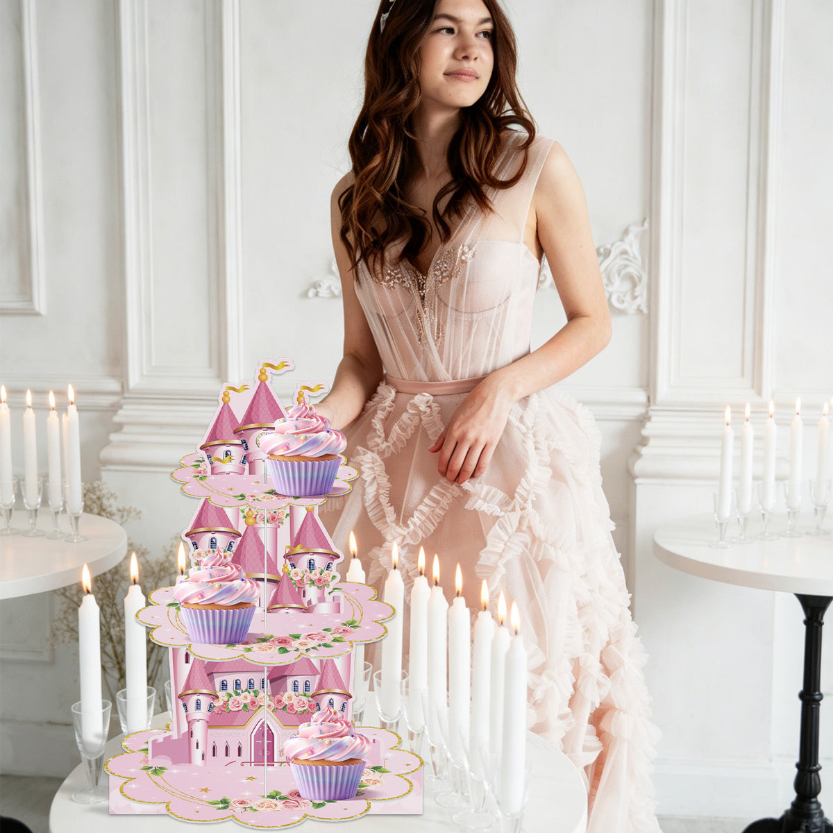3 Tier Princess Cupcake Stand, Pink Cupcake Holder for Birthday Princess Castle Cake Stand for Dessert Table Display, Cardboard Cupcake Stand for Baby Shower Fairy Princess Party Decoration
