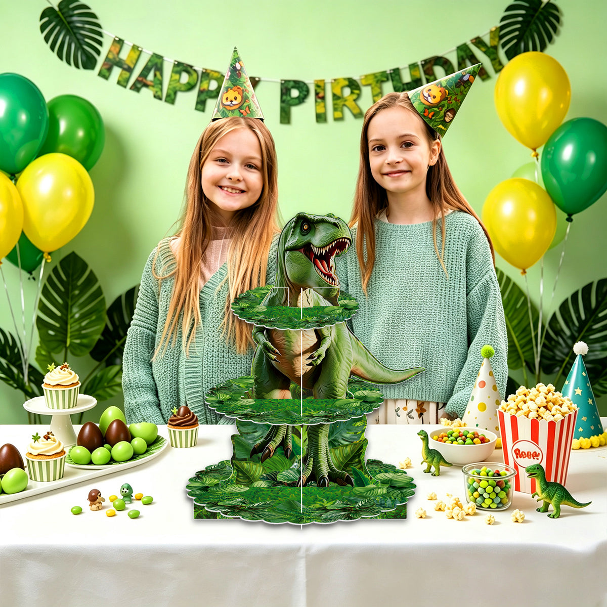 Dinosaur Cupcake Stand, 3 Tier Cake Stand for Dino Birthday Decor Dinosaur Cupcake Holder, Large Cardboard Cupcake Stand for Dessert Table Display, Dino Safari Jungle Theme Party Supplies