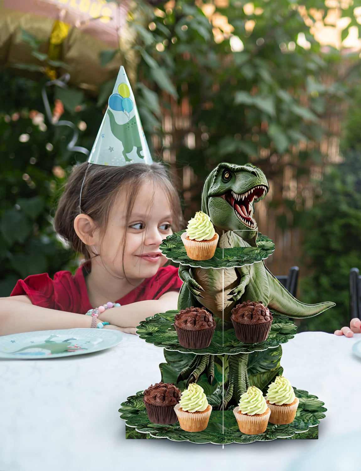 Dinosaur Cupcake Stand, 3 Tier Cake Stand for Dino Birthday Decor Dinosaur Cupcake Holder, Large Cardboard Cupcake Stand for Dessert Table Display, Dino Safari Jungle Theme Party Supplies