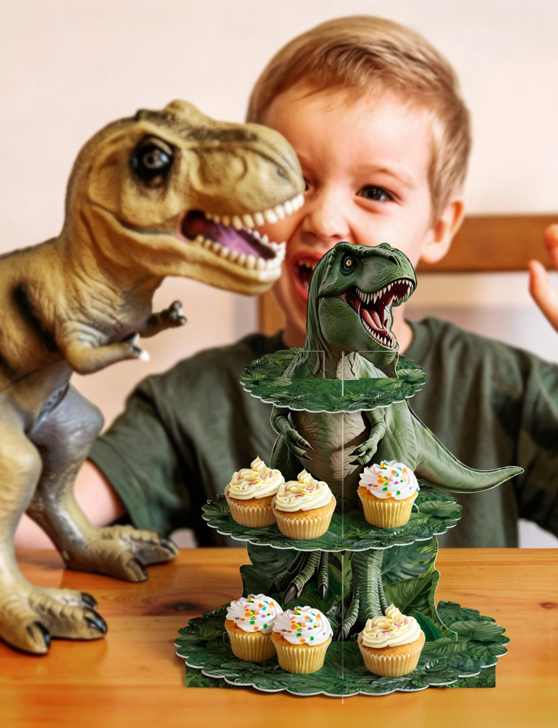 Dinosaur Cupcake Stand, 3 Tier Cake Stand for Dino Birthday Decor Dinosaur Cupcake Holder, Large Cardboard Cupcake Stand for Dessert Table Display, Dino Safari Jungle Theme Party Supplies