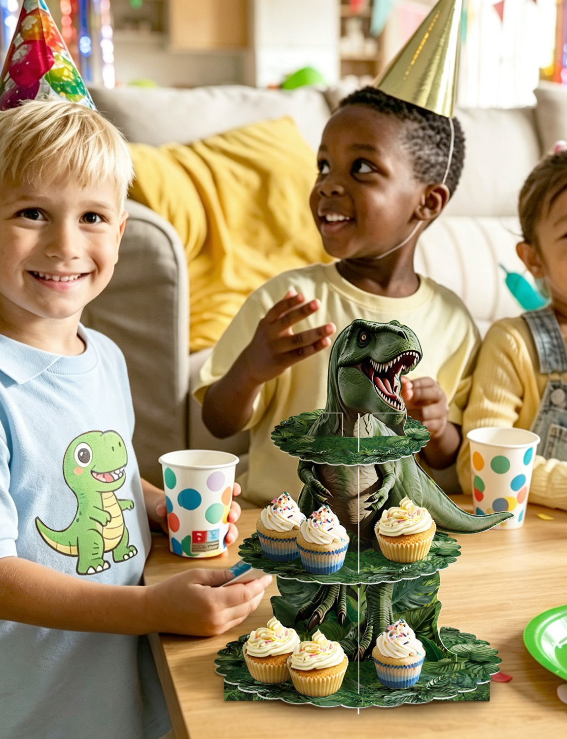 Dinosaur Cupcake Stand, 3 Tier Cake Stand for Dino Birthday Decor Dinosaur Cupcake Holder, Large Cardboard Cupcake Stand for Dessert Table Display, Dino Safari Jungle Theme Party Supplies