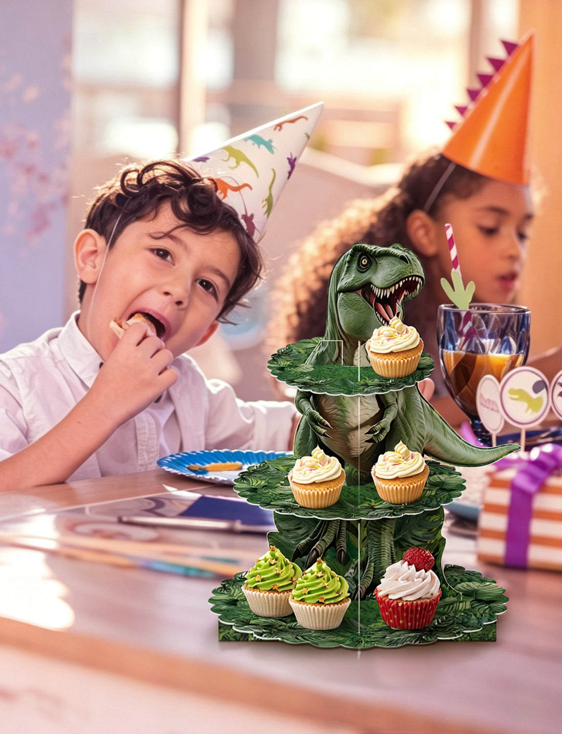 Dinosaur Cupcake Stand, 3 Tier Cake Stand for Dino Birthday Decor Dinosaur Cupcake Holder, Large Cardboard Cupcake Stand for Dessert Table Display, Dino Safari Jungle Theme Party Supplies