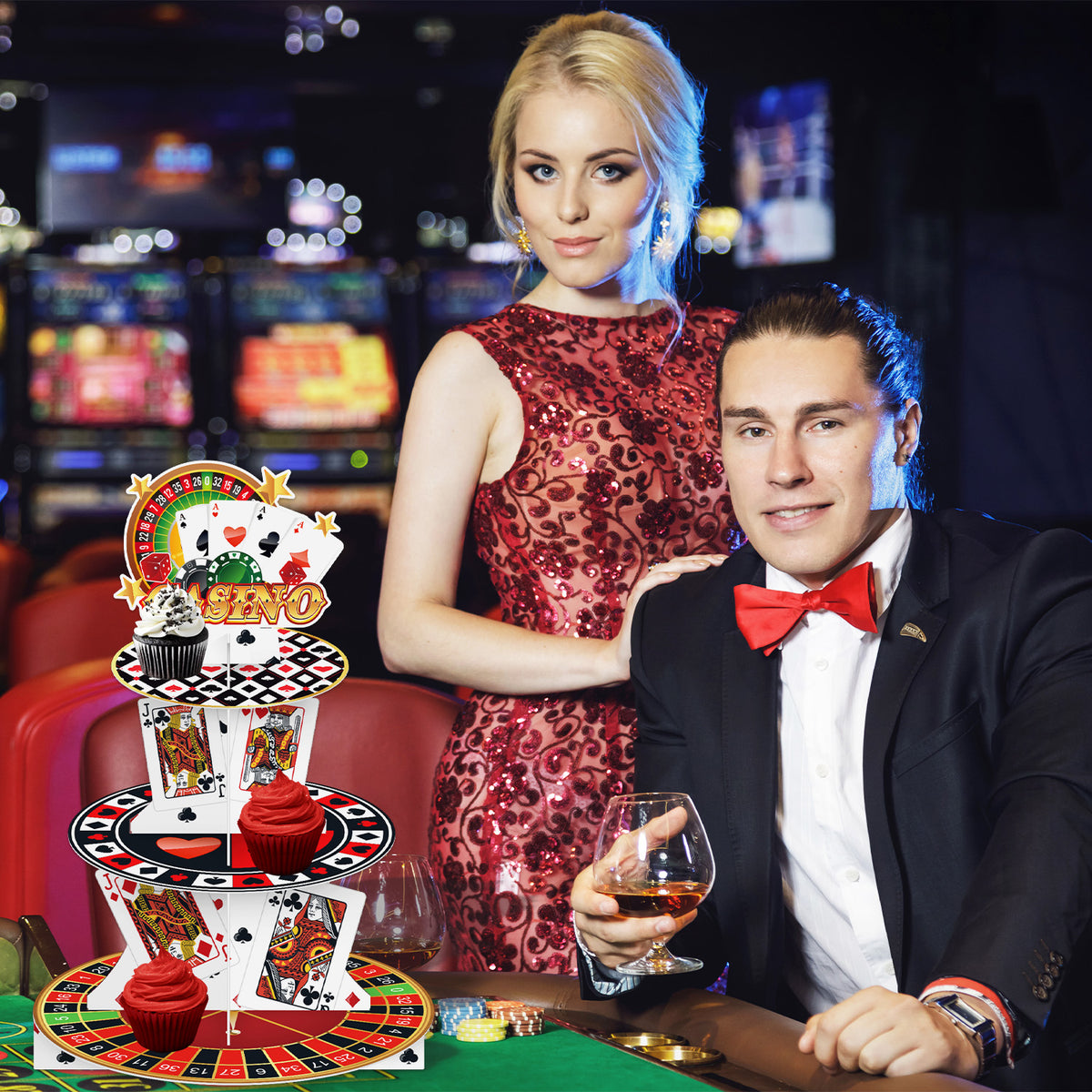 Casino Cupcake Stand, 3 Tier Cupcake Holder for Game Night Decor Poker Cup Cake Stand for Dessert Table Display, Large Cardboard Cupcake Stand for Las Vegas Night Birthday Party Decorations