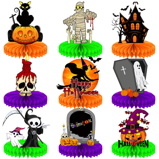 Halloween Table Decorations – 9Pcs Honeycomb Centerpieces for Table Featuring Pumpkin, Ghost, Cat, Castle, Tombstone,Spooky Decor for Kids Birthday and Halloween Party