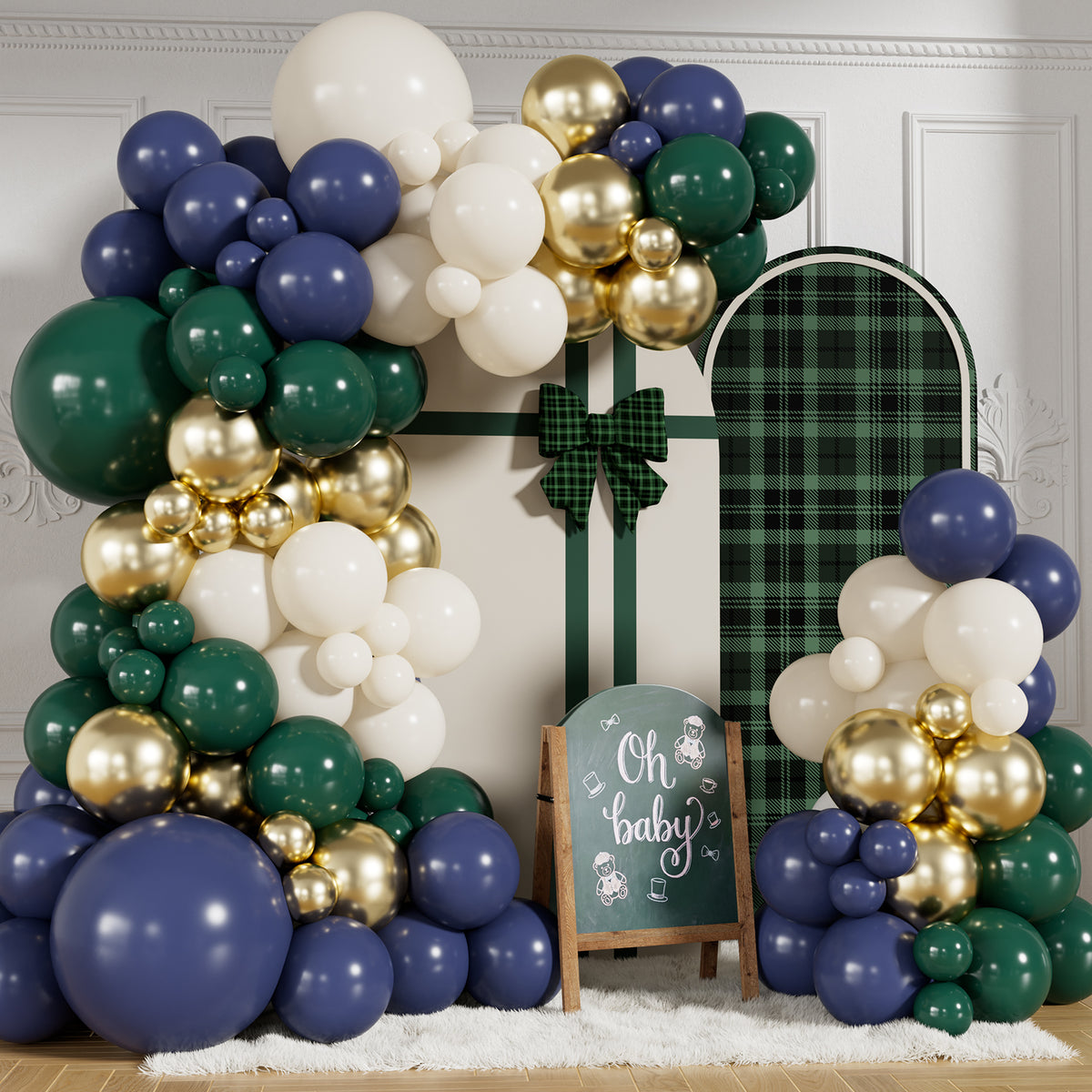 Blue and Green Balloon Garland Arch Kit for Tartan Plaids Decor 143 Pcs Navy Blue and Green Balloons, Metallic Gold and White Balloons for Baby Shower Birthday Wedding Party Decorations