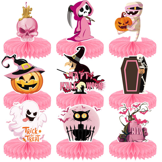 Pink Halloween Table Decorations, 9 Pcs Cute Pastel Halloween Honeycomb Centerpieces for Table, Pink Halloween Party Decor for Baby Shower, Girls Birthday, Gender Reveal