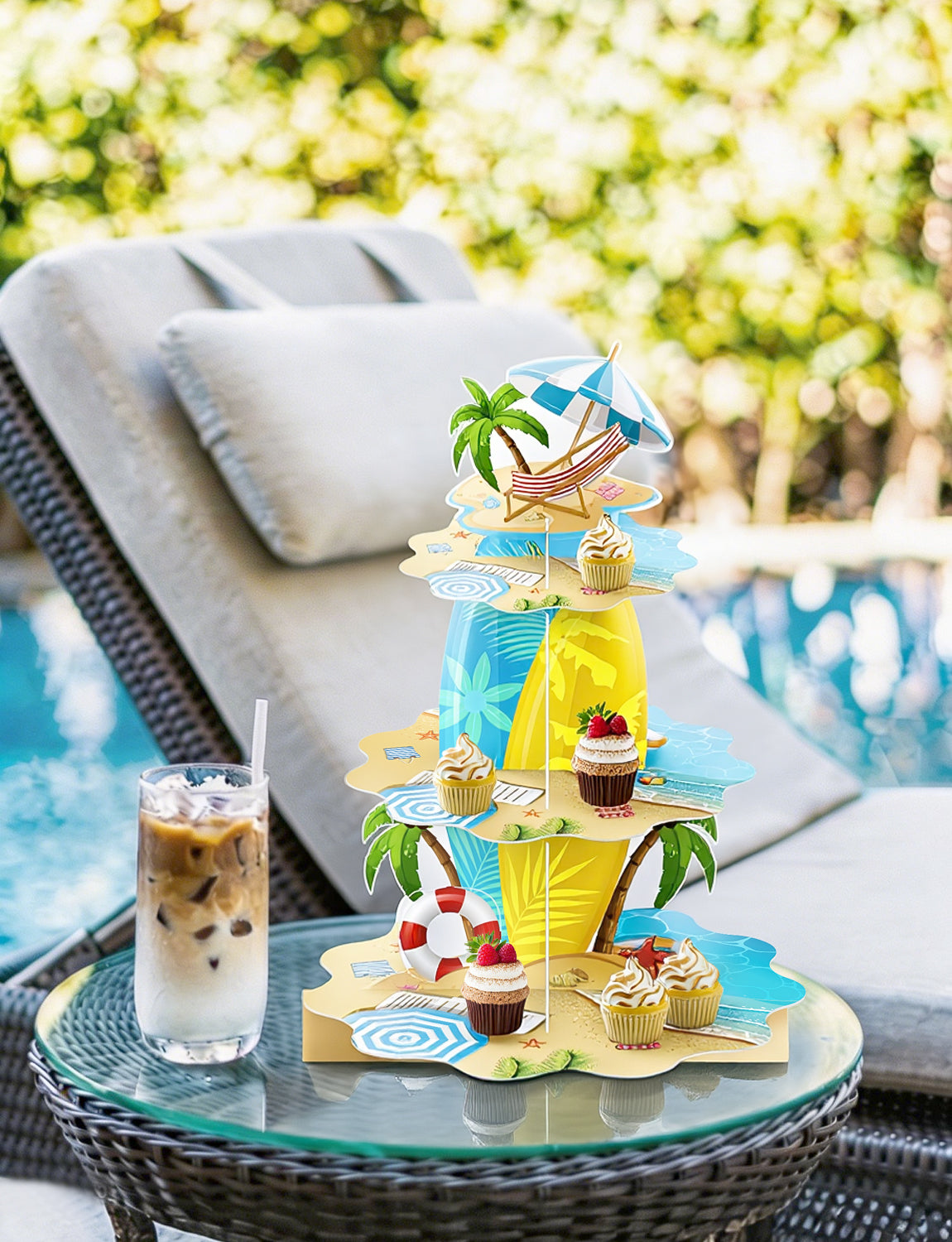 3 Tier Summer Beach Cupcake Stand, Hawaiian Cupcake Holder Stand Large Cardboard Cupcake Stand for Dessert Table Displays, Pool Cup cake Stand for Birthday Baby Shower Beach Tropical Decor