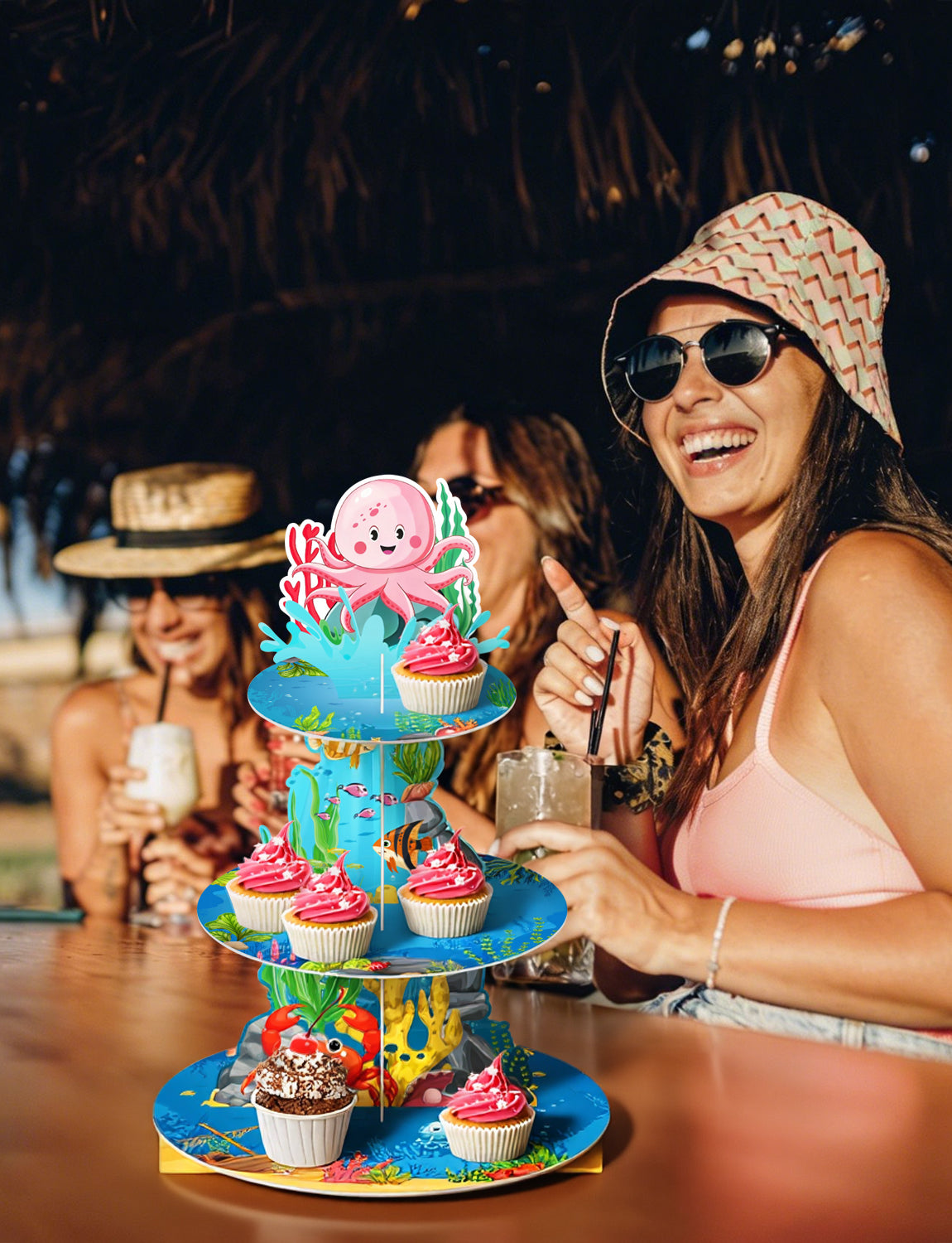 3 Tier Cupcake Stand, Ocean Cupcake Holder for Party Decorations Under the Sea Cup Cake Stand for Dessert Table Display, Cardboard Cupcake Stand for Shark Mermaid Baby Shower Birthday Decor