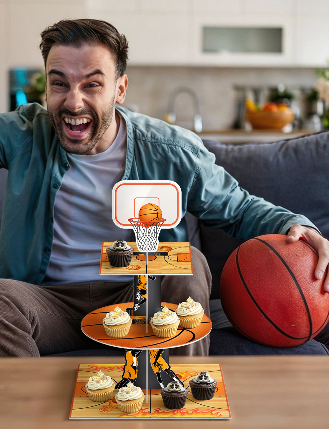 3 Tier Basketball Cupcake Stand, Basketball Birthday Party Decor Large Cardboard Cake Stand for Dessert Table Display, Basketball Cupcake Holder for Boys and Girls Sports Theme Party Decor