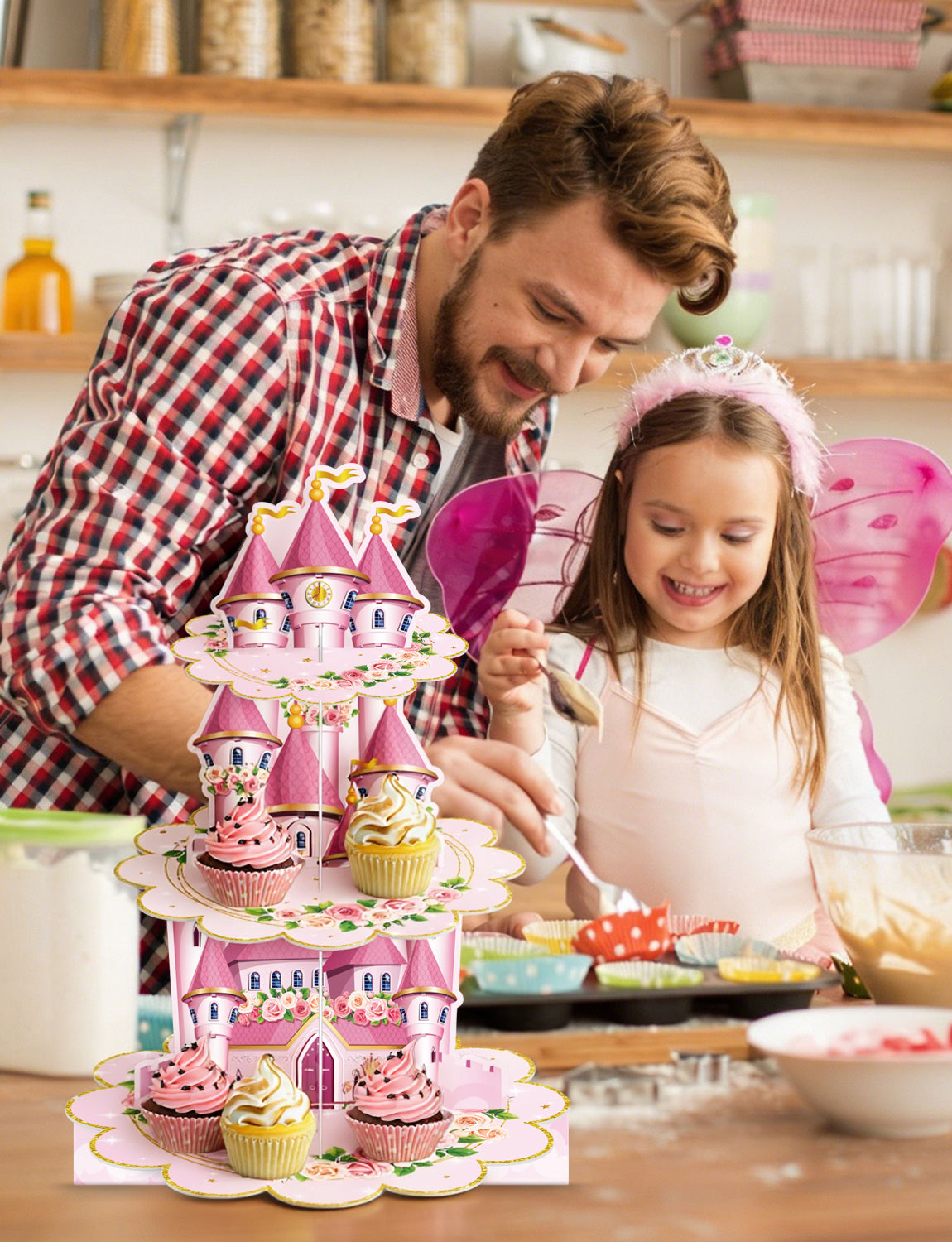 3 Tier Princess Cupcake Stand, Pink Cupcake Holder for Birthday Princess Castle Cake Stand for Dessert Table Display, Cardboard Cupcake Stand for Baby Shower Fairy Princess Party Decoration