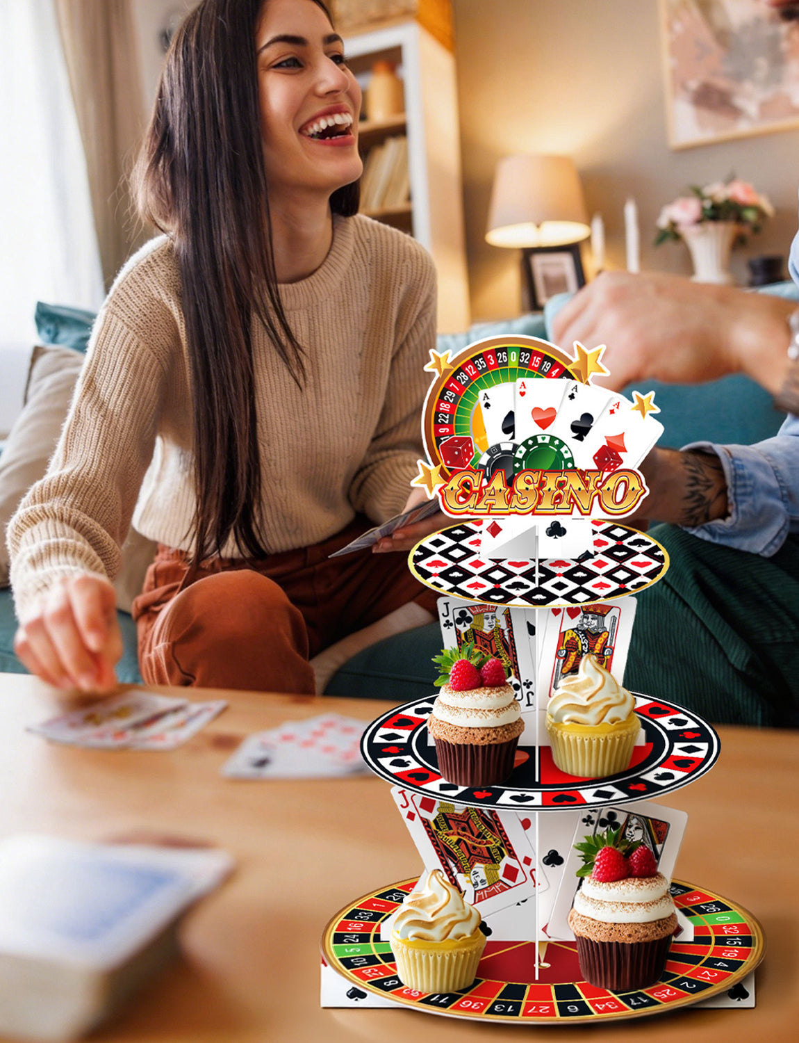 Casino Cupcake Stand, 3 Tier Cupcake Holder for Game Night Decor Poker Cup Cake Stand for Dessert Table Display, Large Cardboard Cupcake Stand for Las Vegas Night Birthday Party Decorations