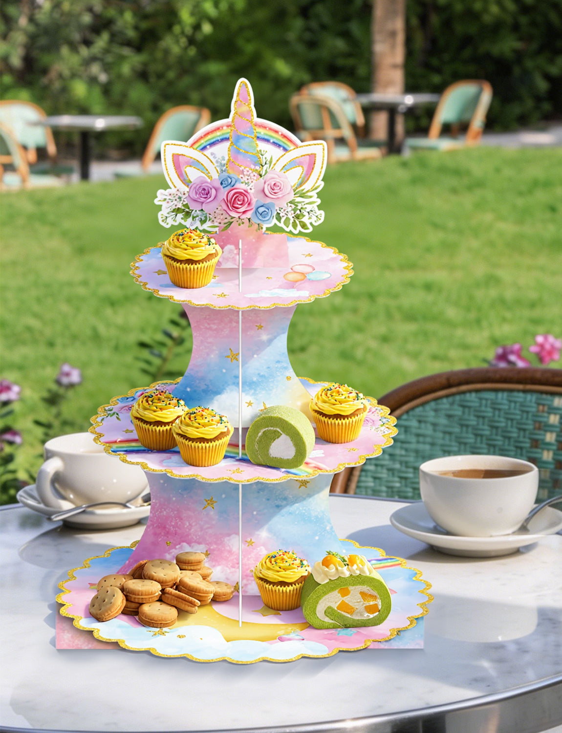 3 Tier Rainbow Cupcake Stand, Pastel CupCake Holder for Birthday Pink Blue Cardboard Cupcake Stand for Dessert Table Display, Rainbow Cup cake Stand for Birthday, Baby Shower, Wedding Decor