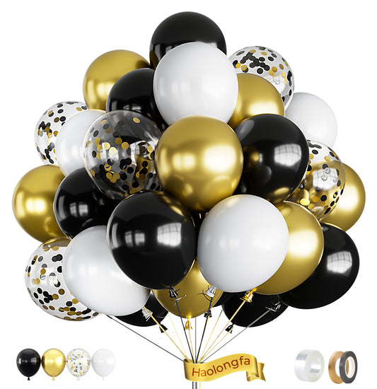 Haolongfa 12 Inch Black and Gold Balloons,60pcs Black White and Gold Confetti Balloons,Black and Gold Latex Balloons for Graduation Birthday Baby Shower Wedding Party Decorations