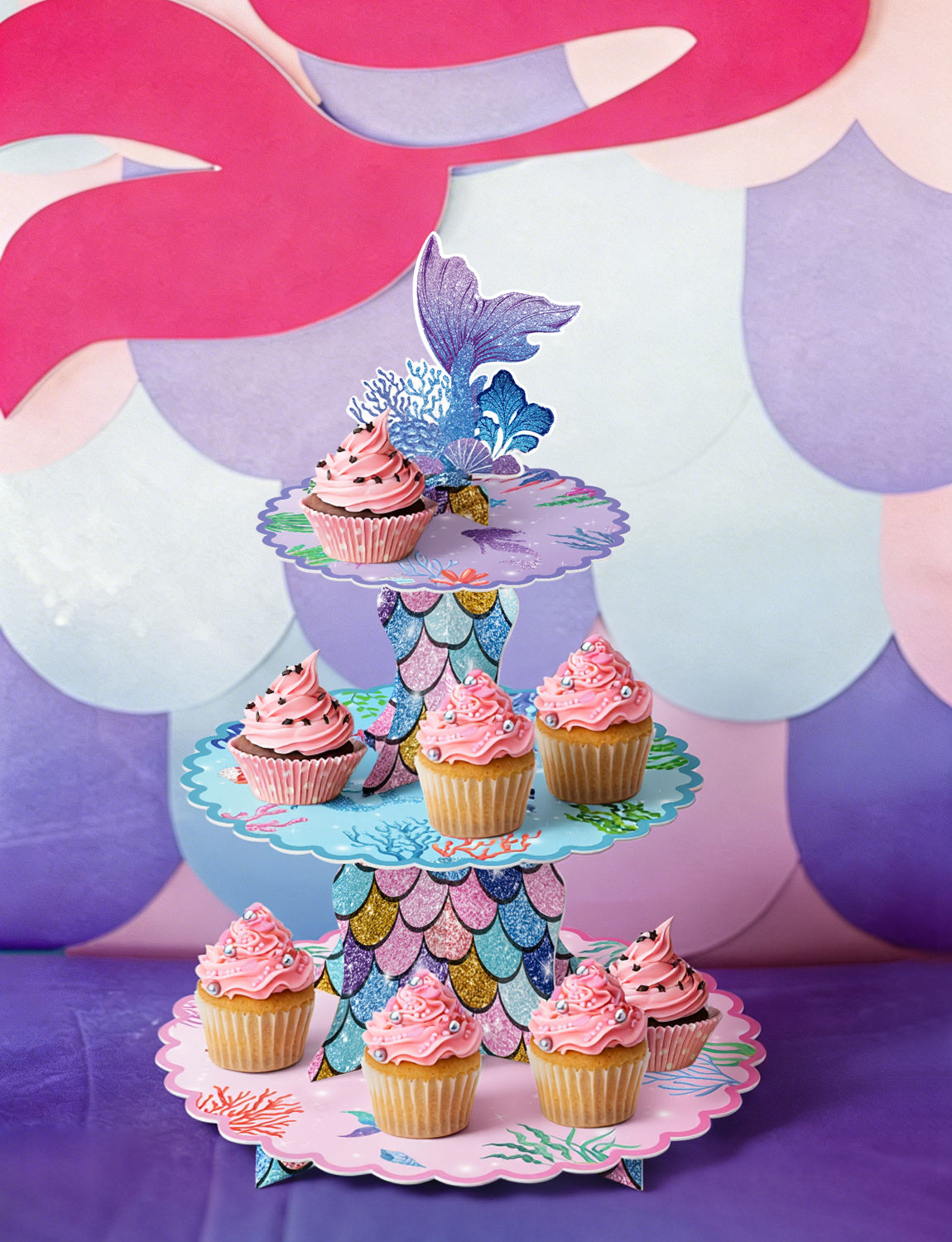 3 Tier Mermaid Cupcake Stand, Mermaid Birthday Party Decorations Mermaid Cupcake Holder for Dessert Table Display, Large Cardboard Cupcake Stand for Baby Shower, Under The Sea Party Supplies