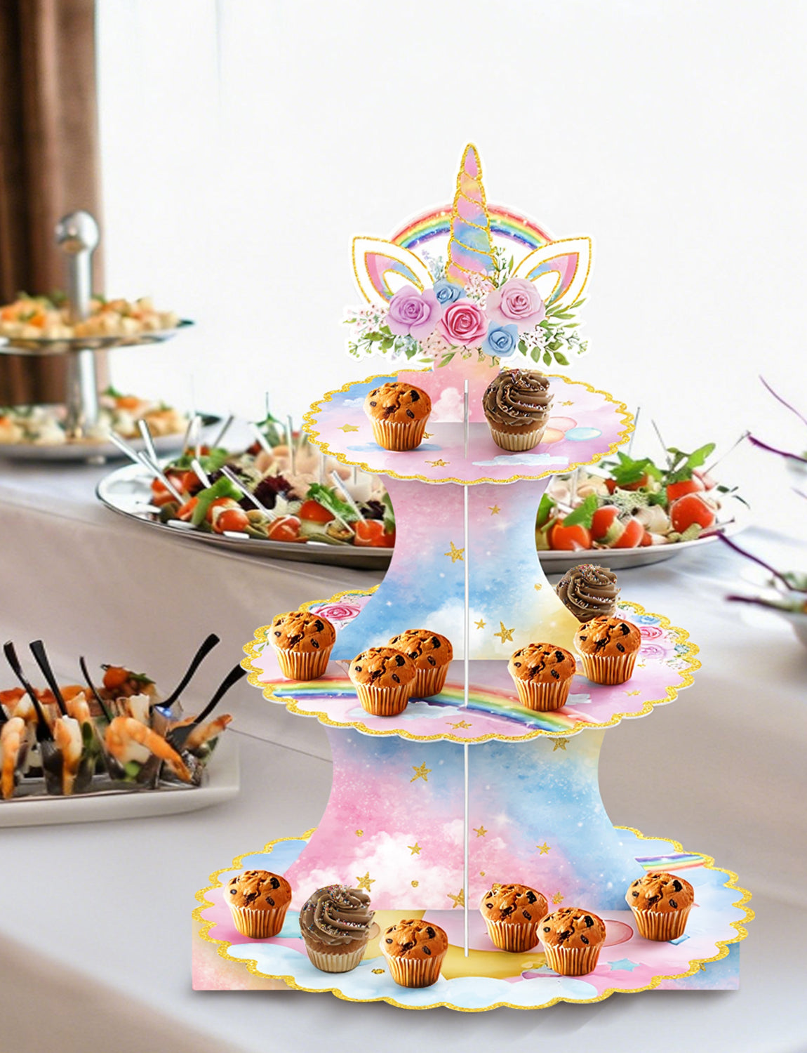 3 Tier Rainbow Cupcake Stand, Pastel CupCake Holder for Birthday Pink Blue Cardboard Cupcake Stand for Dessert Table Display, Rainbow Cup cake Stand for Birthday, Baby Shower, Wedding Decor