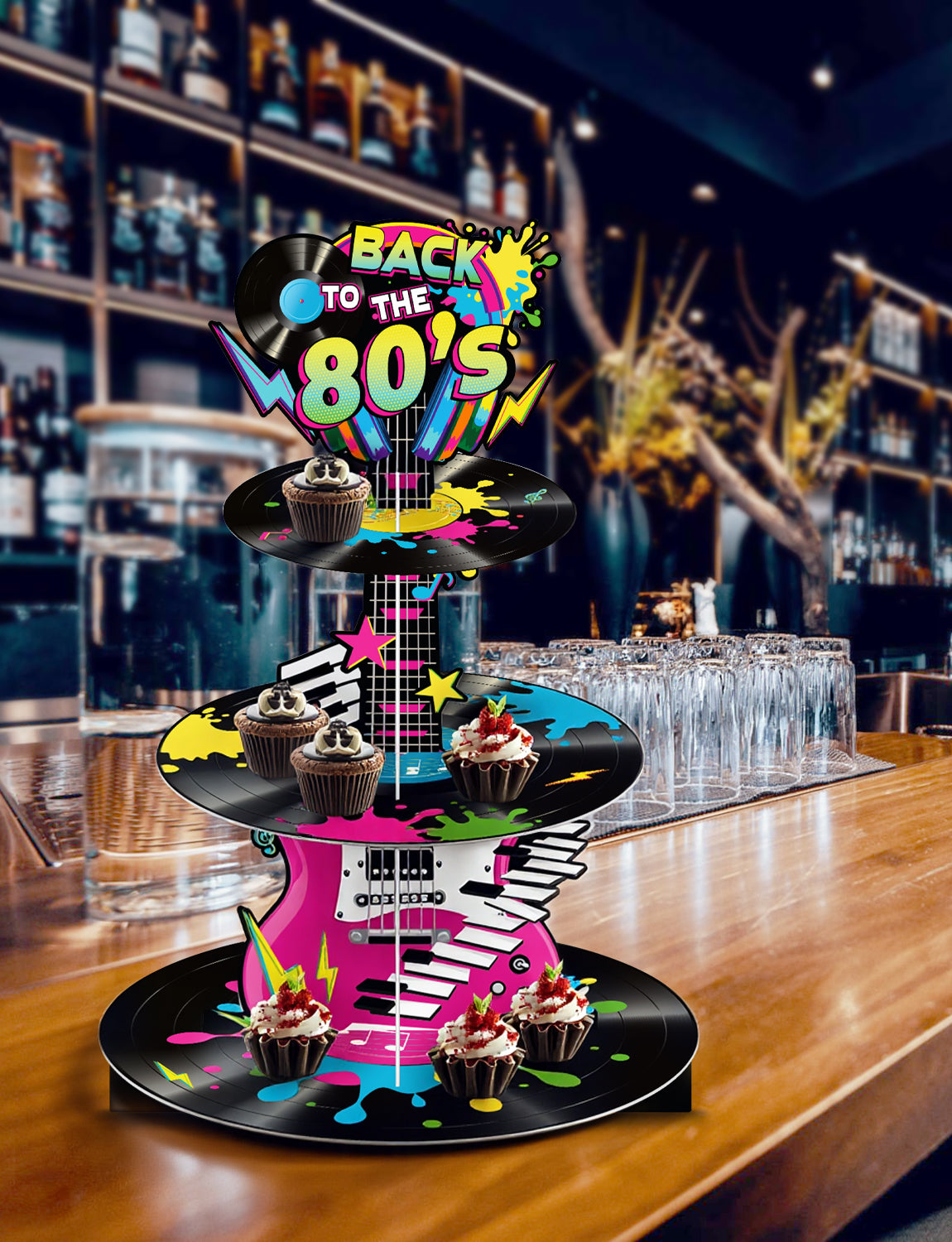 3 Tier Cupcake Stand, 80s Cupcake Holder for 80's Party Decor Large Cardboard Cupcake Stand for Dessert Table Display, Retro 1980s Cupcake Holder for Hip Hop Rock Music 80s Birthday Decor
