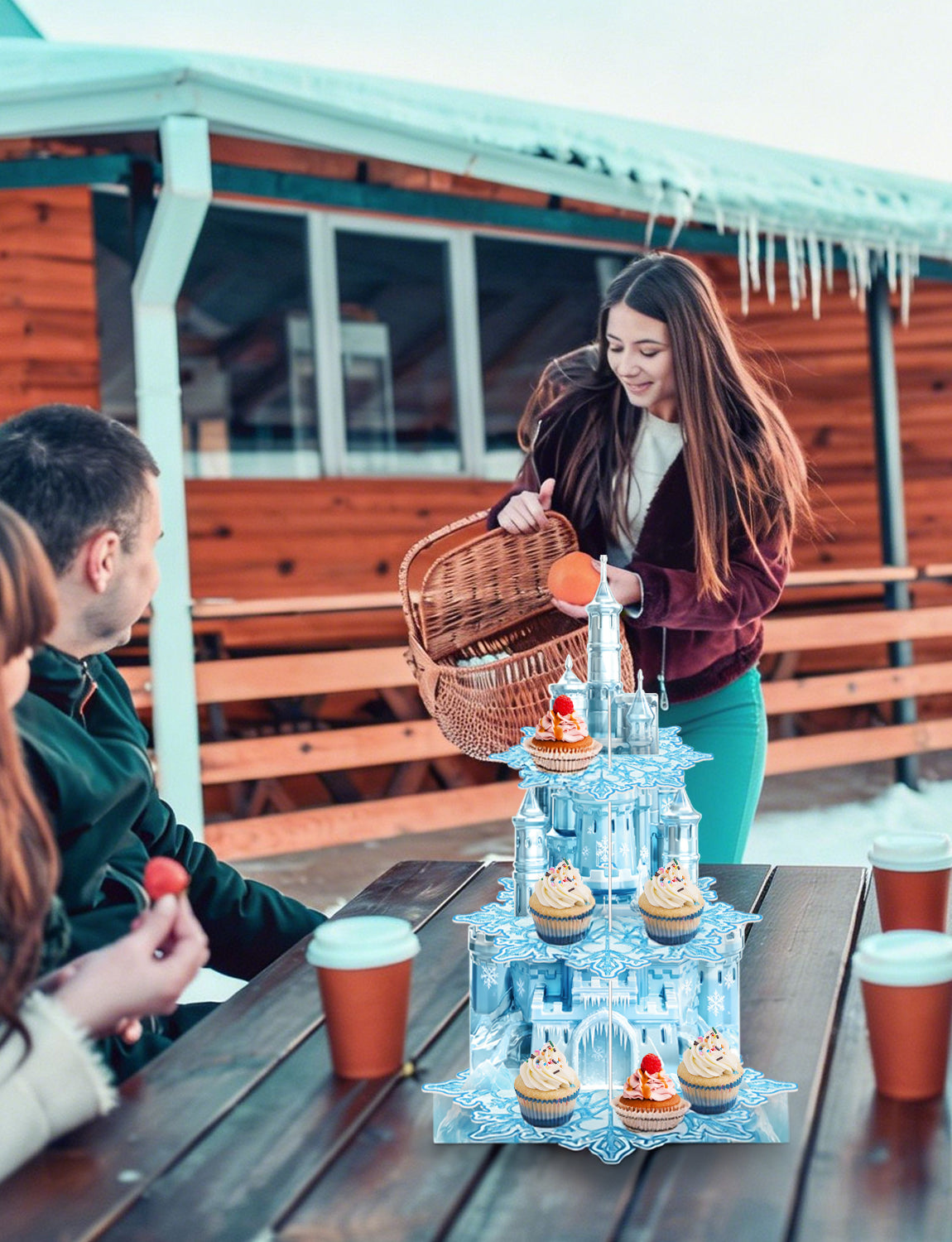 Snowflake Cupcake Stand, 3 Tier Winter Wonderland Cupcake Holder Snowflake Cardboard Cupcake Stand for Dessert Table Display, Blue Cup Cake Stand for Birthday Baby Shower Princess Decoration