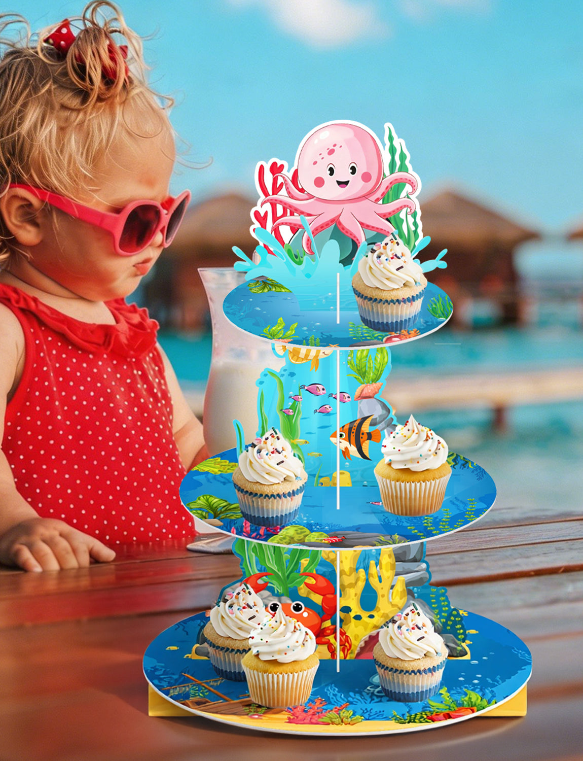 3 Tier Cupcake Stand, Ocean Cupcake Holder for Party Decorations Under the Sea Cup Cake Stand for Dessert Table Display, Cardboard Cupcake Stand for Shark Mermaid Baby Shower Birthday Decor