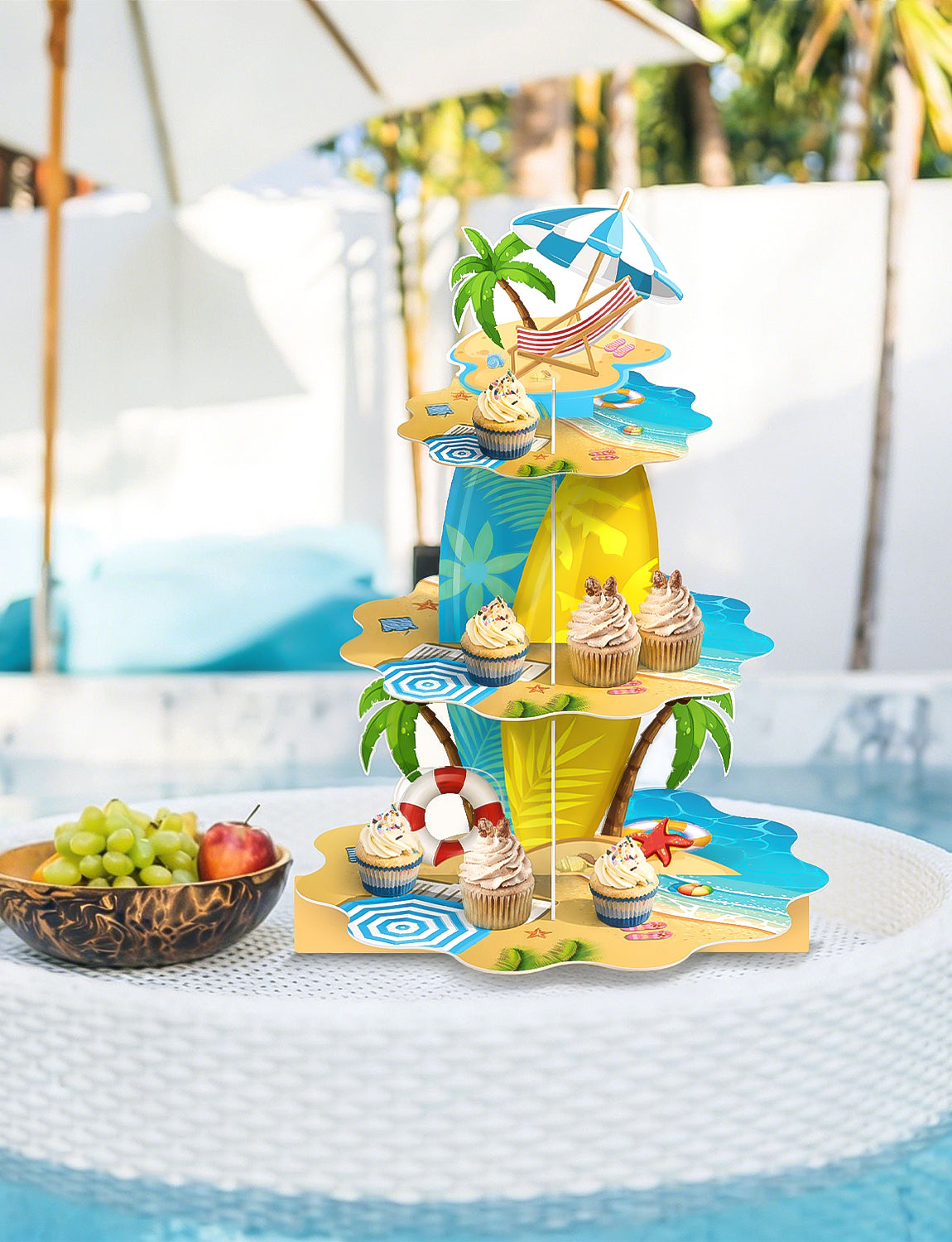 3 Tier Summer Beach Cupcake Stand, Hawaiian Cupcake Holder Stand Large Cardboard Cupcake Stand for Dessert Table Displays, Pool Cup cake Stand for Birthday Baby Shower Beach Tropical Decor