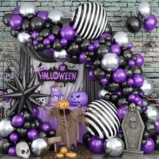 Halloween Balloon Garland Arch Kit, 135PCS Purple Black Silver Balloons with Foil Starburst Balloons for Spooky Party, Dark Style Birthday, Gothic Theme Halloween Party Decorations