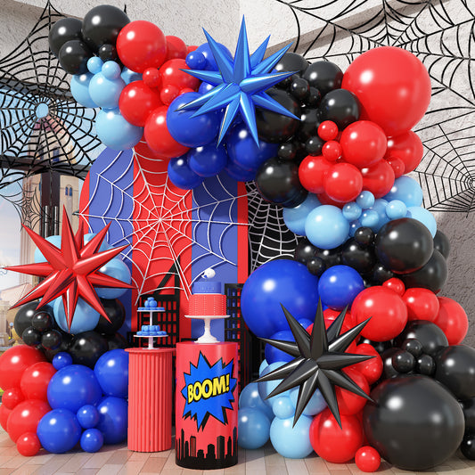 Black Red and Blue Balloons Arch Garland Kit, 106pcs Spider Theme Balloon Arch Kit with Starburst Foil Balloons, Hero-Themed Party Decorations and Birthday Backdrop for Boys