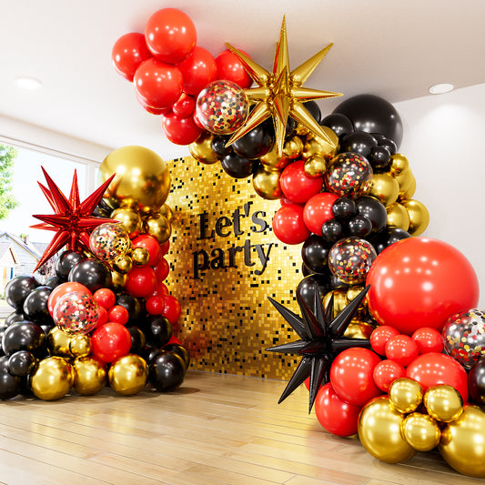 Red Black and Gold Balloons Arch Garland Kit – 131Pcs Latex Balloons with Foil Starburst Balloons for Birthday Hollywood Casino Movie Night New Year Party Decor