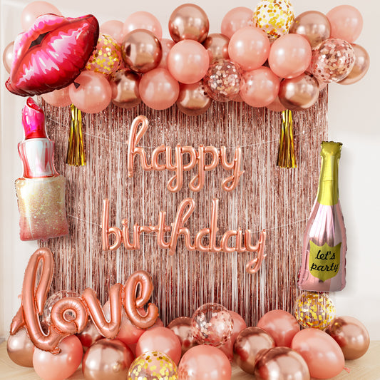 Rose Gold Happy Birthday Decorations for Women and Girls – Rose Gold Balloons, Happy Birthday Banner, Foil Crown Love Balloons with Fringe Curtain for Birthday Party Supplies