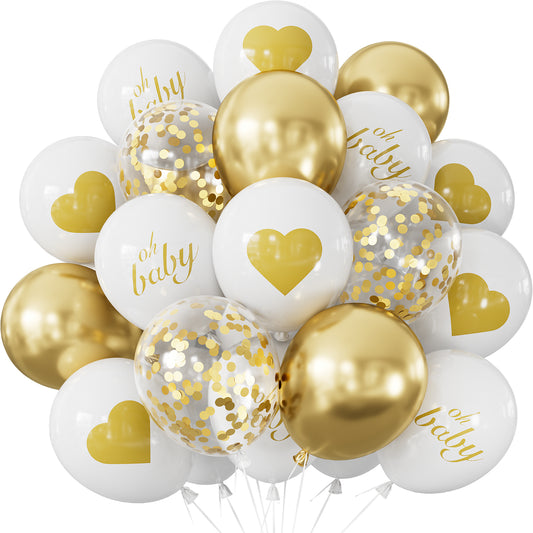 Oh Baby White and Gold Balloons 18pcs Set - 12 Inch Printed Latex Balloons, White Metallic Gold Confetti Balloons for Baby Shower, Gender Reveal, Birthday, Lovely Photo Decorations