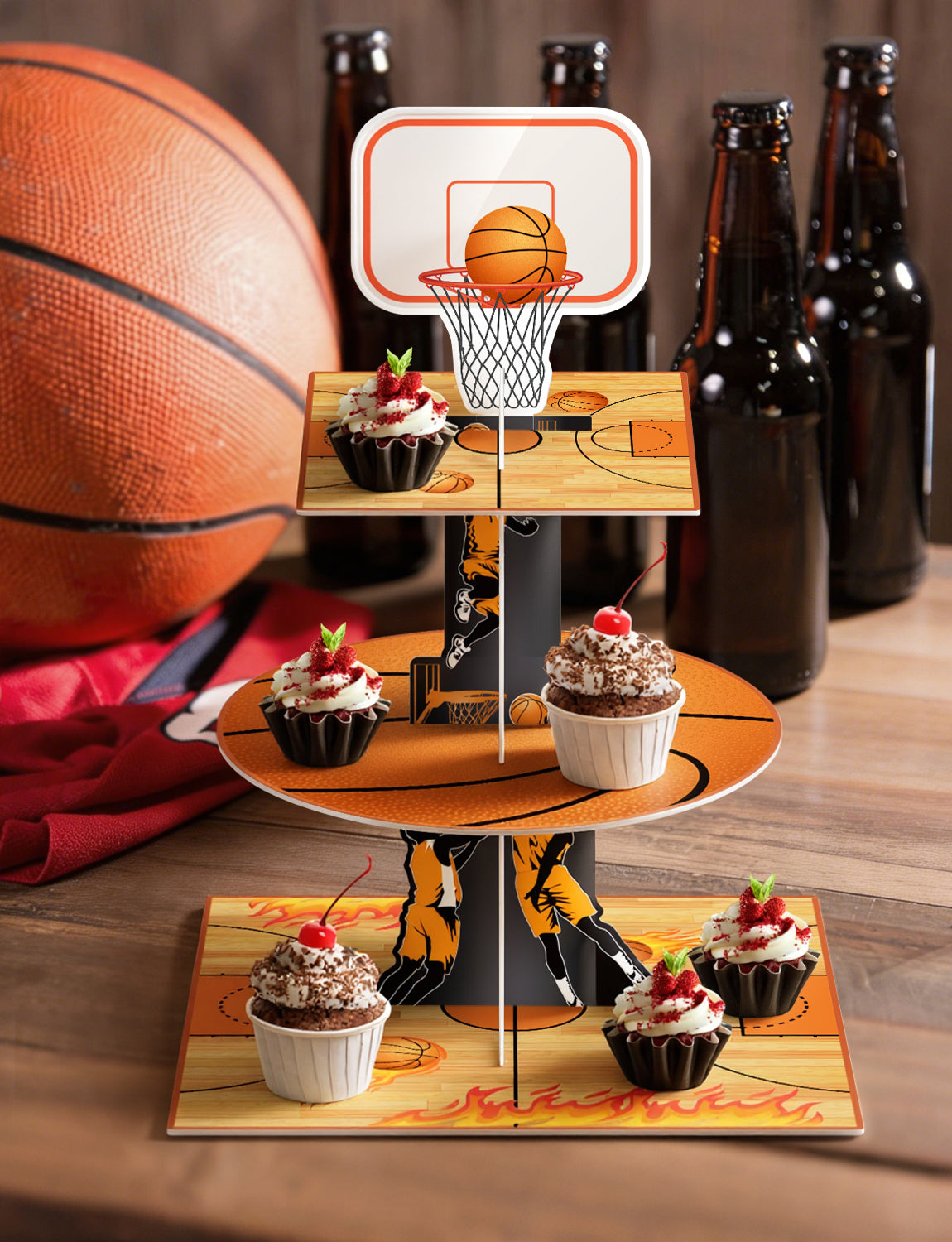 3 Tier Basketball Cupcake Stand, Basketball Birthday Party Decor Large Cardboard Cake Stand for Dessert Table Display, Basketball Cupcake Holder for Boys and Girls Sports Theme Party Decor