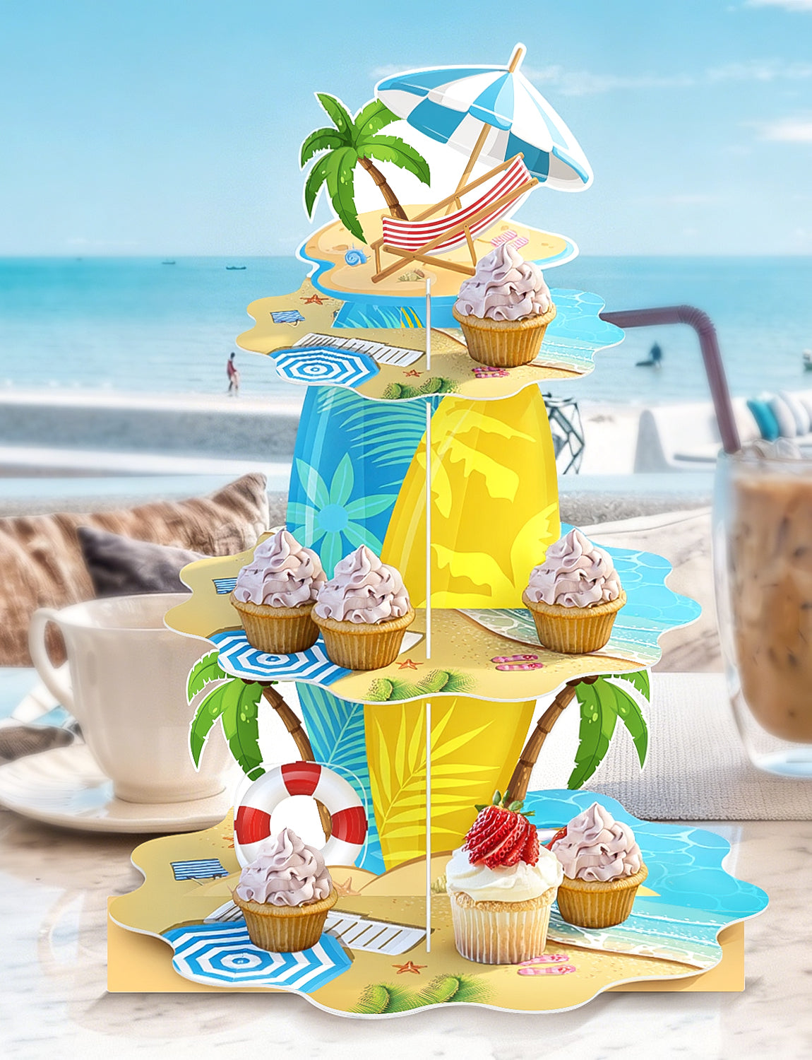 3 Tier Summer Beach Cupcake Stand, Hawaiian Cupcake Holder Stand Large Cardboard Cupcake Stand for Dessert Table Displays, Pool Cup cake Stand for Birthday Baby Shower Beach Tropical Decor