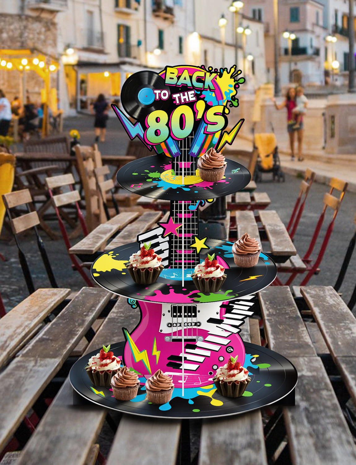 3 Tier Cupcake Stand, 80s Cupcake Holder for 80's Party Decor Large Cardboard Cupcake Stand for Dessert Table Display, Retro 1980s Cupcake Holder for Hip Hop Rock Music 80s Birthday Decor