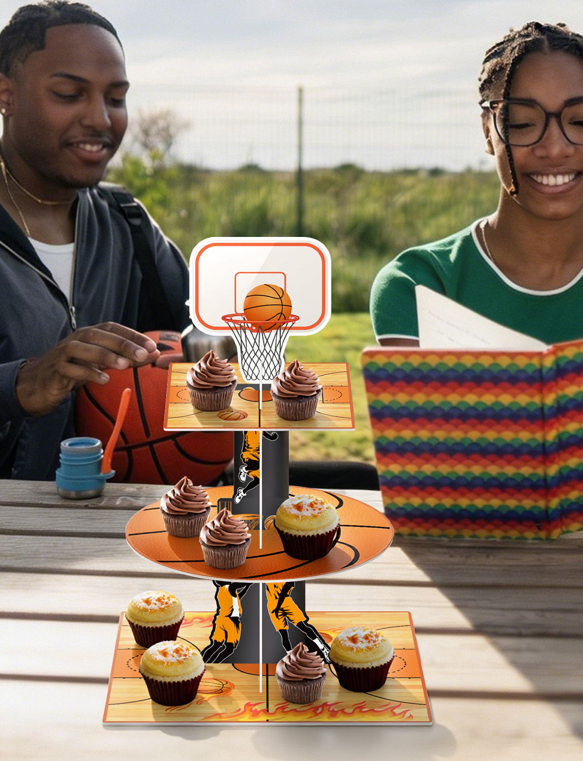 3 Tier Basketball Cupcake Stand, Basketball Birthday Party Decor Large Cardboard Cake Stand for Dessert Table Display, Basketball Cupcake Holder for Boys and Girls Sports Theme Party Decor