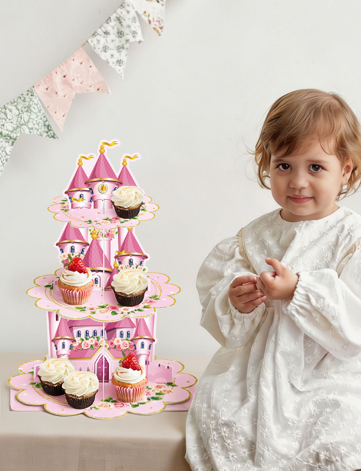 3 Tier Princess Cupcake Stand, Pink Cupcake Holder for Birthday Princess Castle Cake Stand for Dessert Table Display, Cardboard Cupcake Stand for Baby Shower Fairy Princess Party Decoration
