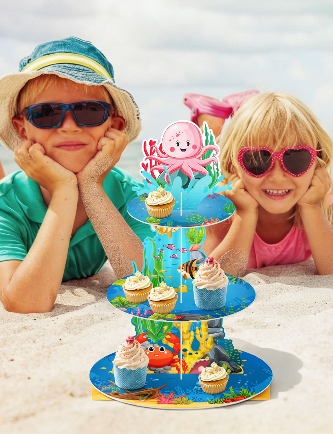 3 Tier Cupcake Stand, Ocean Cupcake Holder for Party Decorations Under the Sea Cup Cake Stand for Dessert Table Display, Cardboard Cupcake Stand for Shark Mermaid Baby Shower Birthday Decor