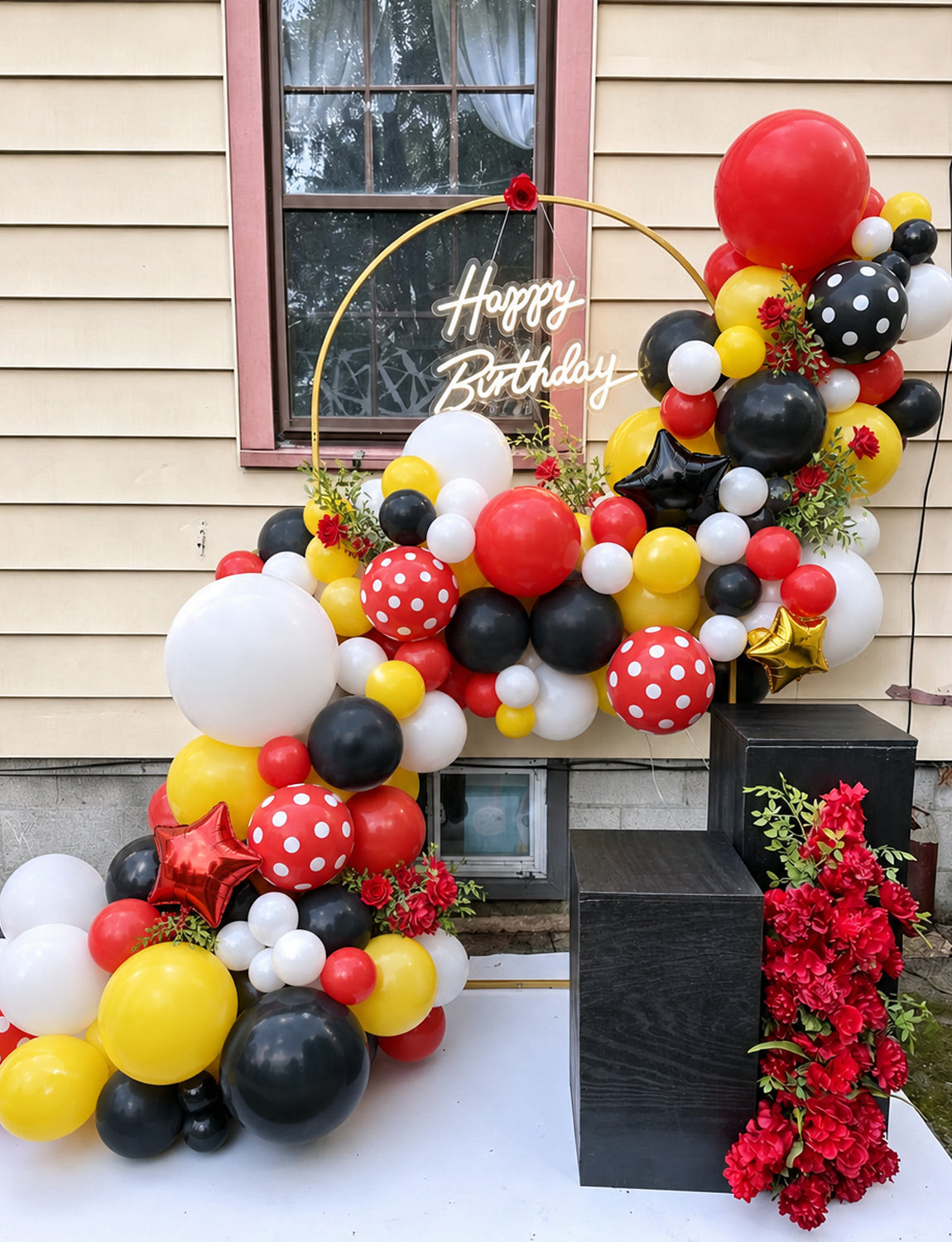 Red Yellow Black Balloon Garland Arch Kit for Cartoon Party Decor 144 Pcs Red Yellow Black Balloons with Polka Dots, Star Foil Balloons, Cartoon Theme Birthday, Baby Shower Party Decor