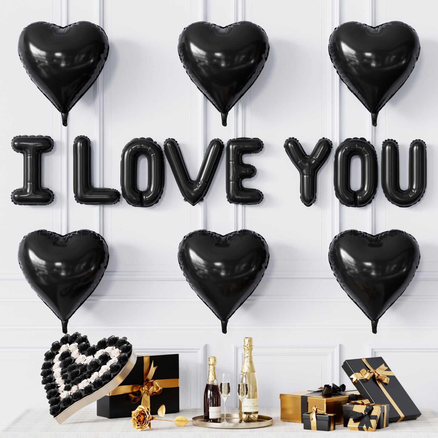 Black I Love You Balloons Kit, Large Foil Black Heart Balloons with Love Letter Banner Balloon, Modern Valentines Day Decorations for Romantic Surprise, Anniversary, Proposal