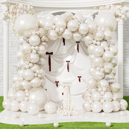 Pearl Balloon Garland Arch Kit,146 Pcs Pearl Sand White Double Stuffed Balloons with Decorative Pearl Stickers, Elegant Wedding Balloon Arch for Bridal Shower, Engagement, Baby Shower Decorations