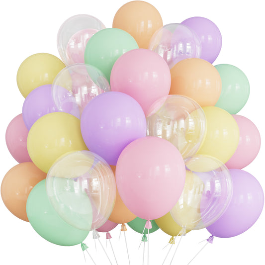 Pastel Balloons, 50 Pcs Pastel Color Balloons with Clear Balloons 12 In Pastel Rainbow Balloons, Macaron Balloons for Birthday, Baby Shower, Bridal Shower, Wedding, Easter, Themed Party Decor